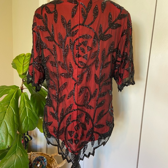 Vintage Deep Red Beaded Blouse | Silk Blouse - Picture 10 of 14